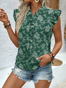 EMERY ROSE Casual Romantic Vacation Daily Wear Ruffle Sleeve Bow Tie Floral Print Sage Green Blouse For Women Day Party Summer - Dark Green - View 5