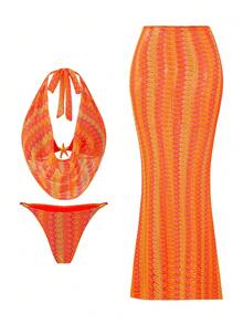 Bonvoyette Ținută de plajă pentru femei, material tricotat texturat, design cu decolteu drapat în V adânc, decor metalic, fustă maxi bodycon, elegantă, casual, sexy, de resort, set de costume de baie din 3 piese pentru femei - Portocale - Vizualizare 2
