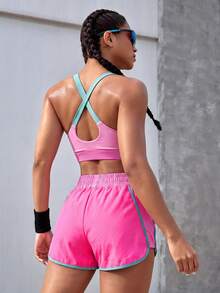 Powerista Women's Contrast Color Splice Halter Top And Shorts Sports Suit - Pink - View 2