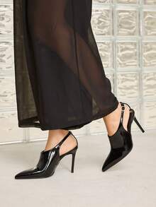 MOTF 2026 NEW PATENT LEATHER SANDALS METAL BUCKLE POINTED TOE THIN HEEL WOMEN'S SHOES BLACK POINTED HIGH HEEL SANDALS - Black - View 5