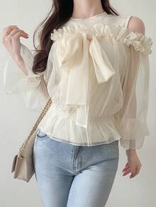 FRIFUL Women's Solid Color Sheer Mesh Fabric 2 In 1 Bowknot Ruffle Trim Sleeve Fitted Casual Versatile Two Pieces Set - Apricot - View 9