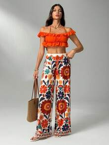 SHEIN Tall CURVE CURVE Plus Size Women's Tall Floral Print Drawstring High-Waisted Wide Leg Pants,Beige Summer Boho Beach Holiday Casual Loose Outfits For Long Legs - Multicolor - View 10