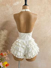 SHEIN Tall CURVE Áo liền quần nữ cỡ lớn kiểu cổ yếm hở lưng xếp ly, phong cách thường ngày - Màu be - Xem 2