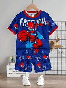 Baby Boy Casual T-Shirt Set, Classic Cool Brave Spider Hero Character Print, Stylish Spider Web Pattern, Fashionable Spider Icon Print, Suitable For Spring/Summer, Suitable For Sports - Multicolor - View 3