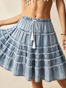 Bohemela Chân váy dây rút thời trang thường ngày dành cho nữ - Màu xanh lam - Xem 1