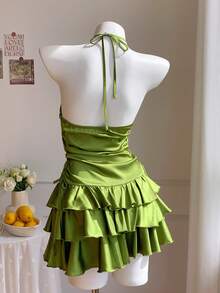 Comfortcana Robe mini d'été élégante pour vacances avec décor floral, col ras-du-cou et volants à l'ourlet - Vert - Voir 2