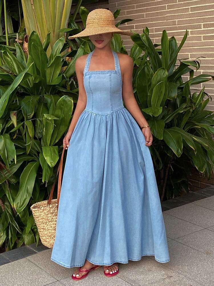 Women's Waist Cinched Halter Casual Elegant Long Denim Dress, Vacation Style Sun Dresses For Women