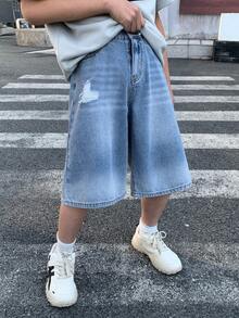SHEIN Little Byeori 青少年男孩時尚返校街頭風混搭百搭設計 Y2k 復古酷街風簡約基礎款 藍色漸層設計 藍色牛仔短褲 兒童青少年男孩日常穿搭 春夏電音節慶街頭風 - 藍色 - 查看 7