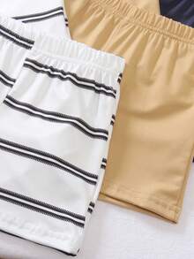 SHEIN Playful Pals 3件套男婴/男女通用婴儿幼儿新生儿0-3岁条纹纯色三件套，包括圆领无袖小熊刺绣背心和短裤，夏季休闲可爱套装 - 彩色 - 查看 3