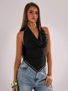 SHEIN BAE Atasan Wanita Cokelat Gaya Barat dengan Leher V Dalam, Dekorasi Paku Keling, Model Draping, dan Leher Halter, Atasan Musim Panas dengan Paku Keling, Atasan Gaya Barat untuk Festival. - Hitam - View 4