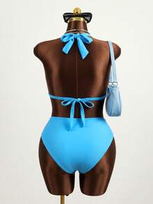 Slaydiva Plus Size Halter Backless Fashionable Plunging Neck Summer Bikini Top - Blue - View 7