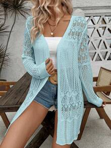 SHEIN LUNE Áo khoác cardigan dài tay nữ màu trơn khoét lỗ, kiểu dáng thường ngày - Màu xanh nhạt - Xem 4