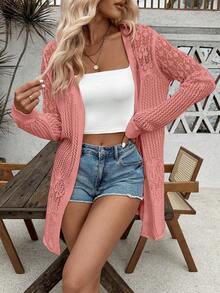SHEIN LUNE Áo khoác cardigan dài tay nữ màu trơn khoét lỗ, kiểu dáng thường ngày - Màu Hồng  Dưa hấu - Xem 7