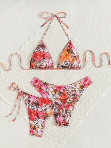 Swim Vcay Bộ bikini 3 mảnh màu trơn dành cho nữ mùa hè 2025: Áo buộc dây sau lưng cổ yếm + Áo tam giác thắt nút + Quần tam giác. - Nhiều màu - Xem 2