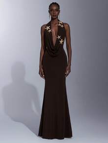 Elitara Rust Brown Spring Elegant Party Wedding Off-Shoulder Draped Collar Metallic Starfish Decor Sequin Embroidery Open Back Knit Long Dress For Wedding - Coffee Brown - View 6