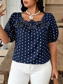 Weeklong Plus Size Women's Polka Dot Floral Print Casual Shirt, Spring/Summer - Multicolor - View 1