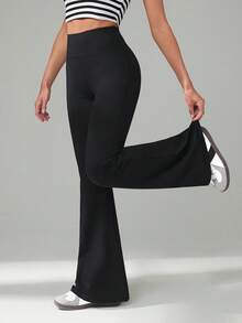 SHEIN Tall CURVE 大码女装秋冬返校休闲家居服瑜伽舒适户外纯黑色针织弹力腰高腰口袋喇叭裤，带口袋打底裤 - 黑色 - 查看 9