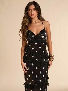 SHEIN BAE Đầm satin chấm bi cổ yếm xếp nếp mùa xuân hè, đầm chấm bi gợi cảm kiểu retro thích hợp cho hẹn hò, đi nghỉ mát, dự tiệc. - màu đen - Xem 6