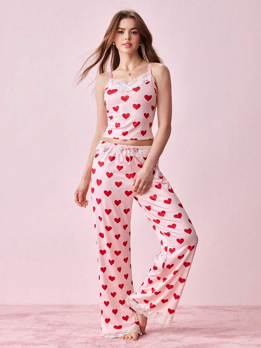 Bonmuse 2 Pcs Women's Sexy Lingerie Set Adjustable Strap Women's Camisole Top & Long Sleep Pants Lace-Trimmed Bow-Decorated Sexy Pajama Set Stretchy Cute-Style Slim-Fit Comfortable Home & Outing Nightwear Setfor Summer - Pink - View 1