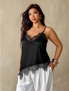 Auralis Plus Size Women's Elegant Sexy Black Lace Trim Camisole Summer Formal Wedding Guest Date Night Evening Night Out Club Vest Asymmetrical Hem Patchwork - Black - View 6