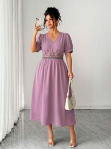 SHEIN Elenzya Plus Size Elegant Purple Summer Embroidered Dresses  Women,V-Neck Cinched Waist Casual Vacation Tea Party Dress,Solid Color Long Sleeve New Arrival - Pink - View 3
