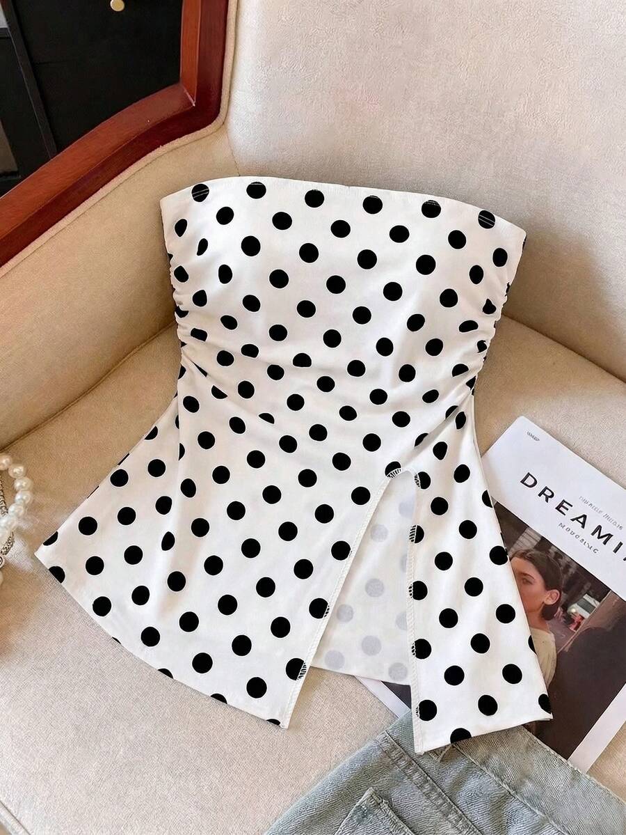 New Spring/Summer Fashion Sexy Polka Dot Pattern White Soft Waist Ruched Hem Slit Bandeau Top - Multicolor - View 1