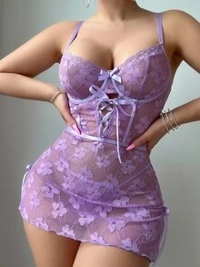 SHEIN 浪漫钢圈系带性感内衣连衣裙两件套，适合外出穿着 - 紫色 - 查看 4