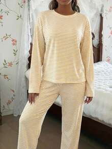 SHEIN Women's Casual Striped Print Round Neck Loose Long Sleeve Pajama Set - Yellow - View 5