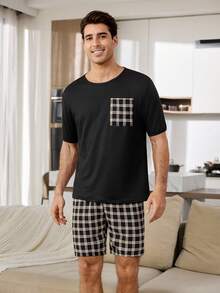 Classic Plaid Men's Casual Pajama Set - Black - View 2