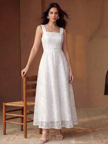 Anewsta 女士优雅白色玫瑰提花梭织面料方领无袖长款白色连衣裙，白色夏季连衣裙 - 白色 - 查看 5