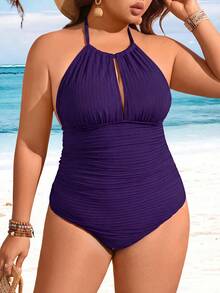 SHEIN Swim 大尺碼紋理面料一件式泳衣 - 紫色 - 查看 3