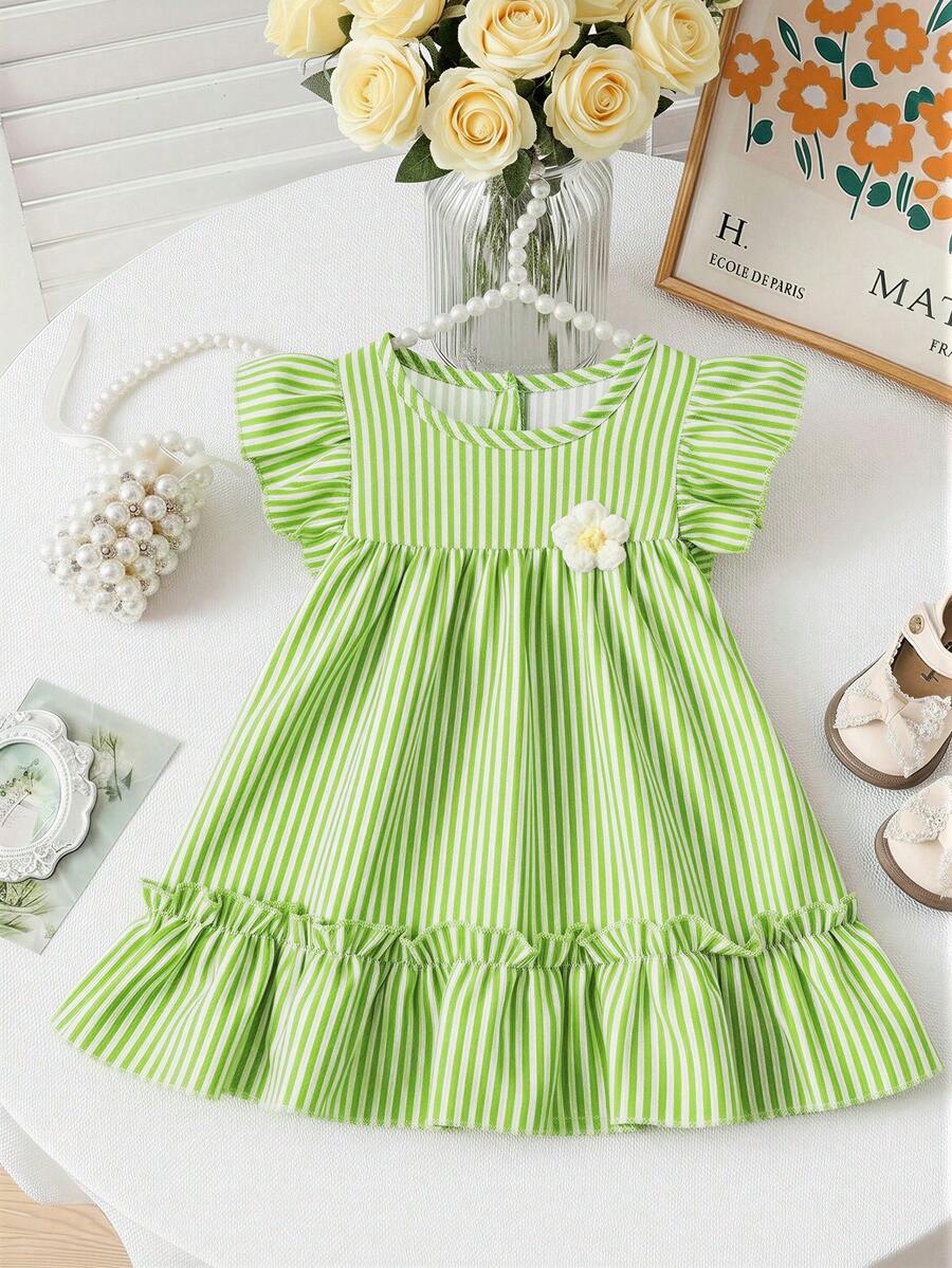 SHEIN Baby GirlColorful Striped Floral Trim Casual Cute Dress With 3D Flower Decor, Spring/Summer