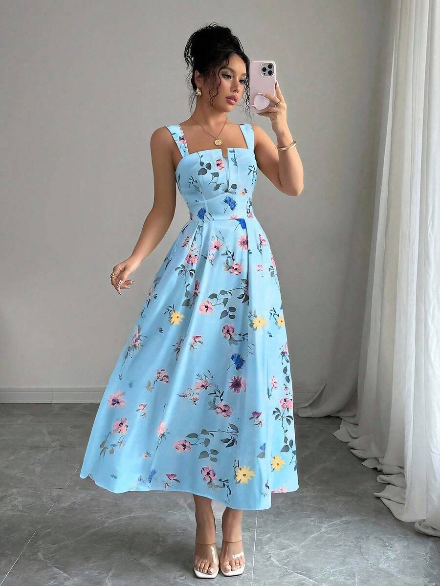Elenzga Latest Spring/Summer Floral Elegant Waist Gathering Pleated Dress For Women - Baby Blue - View 1