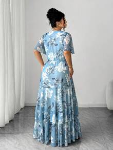 Elenzga Đầm ôm sát cơ thể bằng vải lưới co giãn nhiều lớp in hoa thanh lịch dành cho nữ, thích hợp cho mùa tựu trường, lễ tốt nghiệp, ngày Valentine, lễ hội âm nhạc. - Màu xanh bụi bặm - Xem 2
