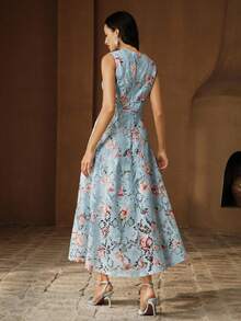 Spring/Summer Romantic Date Water-Soluble Embroidered Lace Sleeveless Blue Floral Dress - Baby Blue - View 3