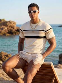 Manfinity EZcore Plus Size Men's Contrast Striped Short Sleeve Knit Sweater - White - View 3