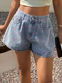 2026 Shorts vaqueros informales de mujer con dobladillo deshilachado y estampado floral diminuto - Azul - Ver 5