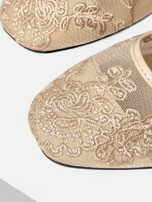 MOTF LADIES ELEGANT VERSATILE COMMUTER MESH FLORAL EMBROIDERED BUTTON FLATS FOR HOLIDAY WEAR - Apricot - View 5