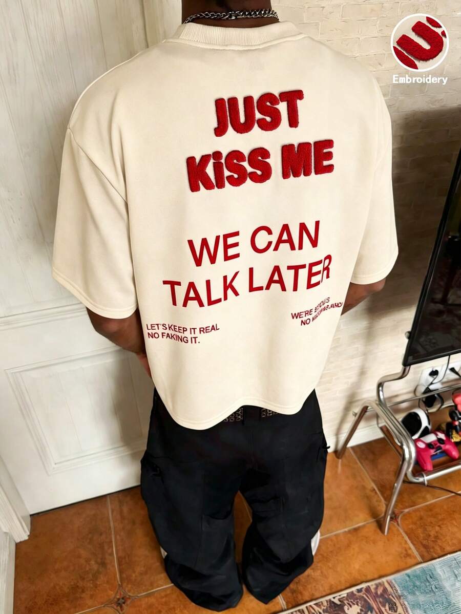 TOKVUE Street Casual Red Slogan 3D Embroidery White Loose T-Shirt - Apricot - View 1