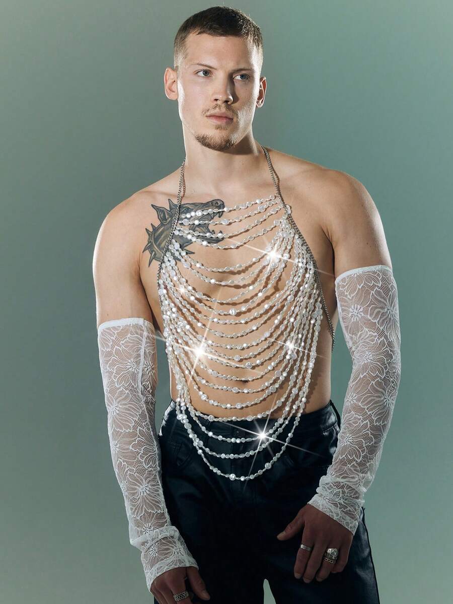 FeverCity Men's Pearl Chain Hollow-Out Sexy Vest - White - View 1