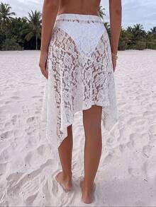 SHEIN Allurite Chân váy ren nữ phong cách Boho thanh lịch vạt bất đối xứng, váy ren đi biển che bikini, trang phục đi biển nghỉ dưỡng mùa hè cho nữ, váy ren che bikini màu trắng họa tiết hoa - trắng - Xem 3