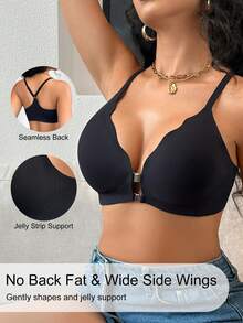 Base Rule Underwear & Sleepwear 1pc Women's Seamless Wave-Edge Non-Removable Cups Magnetic Metal Front Closure Jelly Strip Racerback Bra - Black - View 4