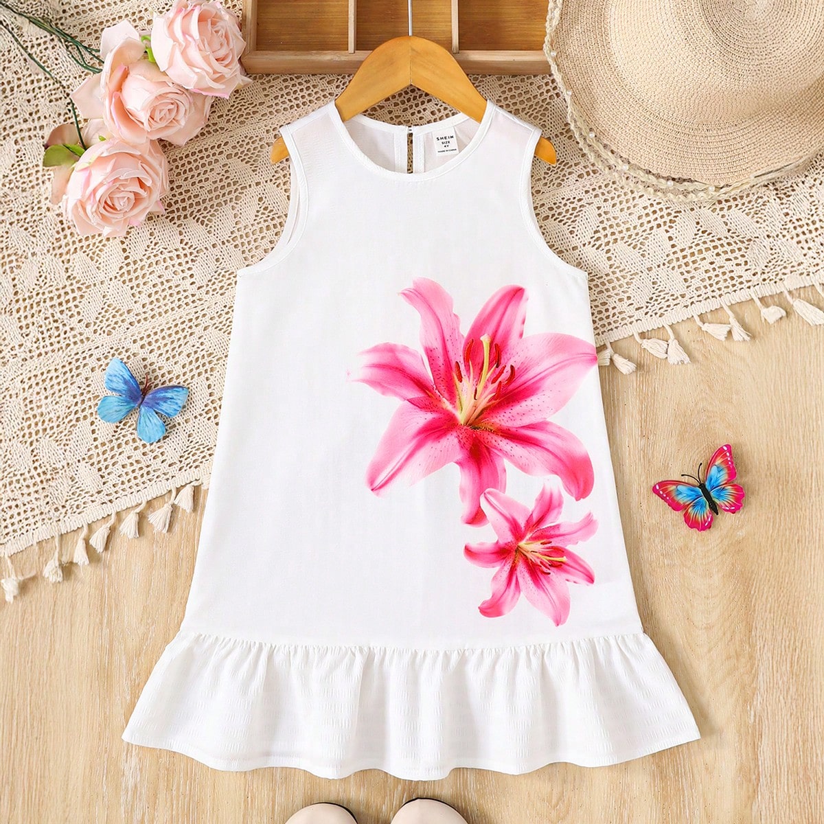Vestido casual y elegante de estilo vacacional para niña pequeña, con estampado floral, parches y volantes en el bajo, vestido blanco para niñas pe