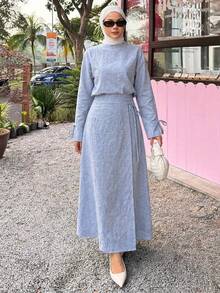 女士优雅宽松休闲套头衫长裙两件套，春夏女士家居服套装 - 藍色 - 查看 3