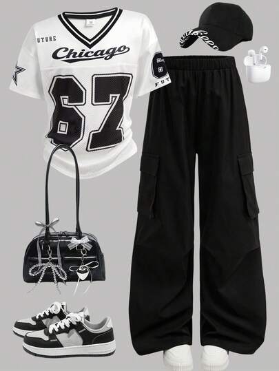 Girlism Tween Girls T-Shirt Co-Ordsblack White Girls American-Style Digital Slogan Casual Letter Striped V-Neck Off-Shoulder Loose T-Shirt & Number Graphic Tee Paired With Cool Cargo Straight Leg Pocket Pants 2 Pieces Set, Fashion Outfit For Spring, Summer, Autumn Outfit Set Summer Holiday