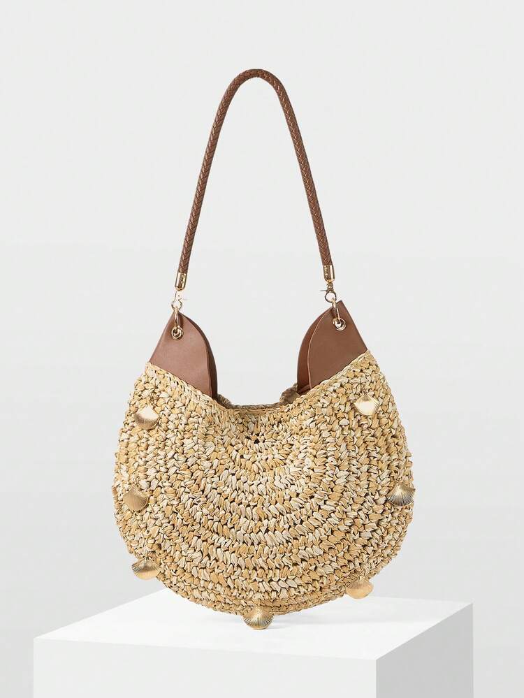 LADIES SHOULDER BAG, EXQUISITE HARDWARE DECORATION, FASHIONABLE HOLIDAY WOVEN SEMI-CIRCULAR BAG