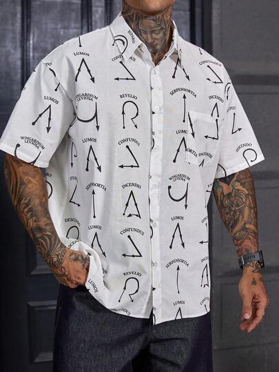 DAZY Men's Casual Fashion Street Daily Commute All-Over Print Patchwork Pocket Short Sleeve Shirt, Summer