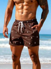 Palasendo Pantalones cortos de playa de 2 en 1 con estampado completo de ancla y cintura con cordón, estilo de vacaciones de playa para hombres - Café integral - Ver 3