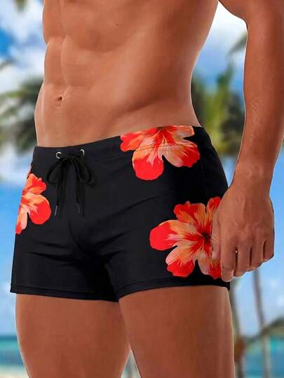 Manfinity Swimmode Quần bơi nam in họa tiết, cạp chun, kiểu dáng thường ngày, thích hợp cho bơi lội, thể thao, đi biển, có lớp lót nén, nhanh khô. Quần bơi Hawaii màu đen, quần bơi hoa, quần bơi nam họa tiết hoa, quần bơi nam đồng bộ với quần short hoa nam.