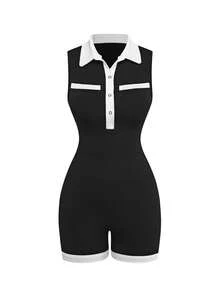 SHEIN BamGlam Combinaison sans couture à haute élasticité, col polo, couleurs contrastées, pour le yoga, le fitness et le décontracté - Noir - Voir 8
